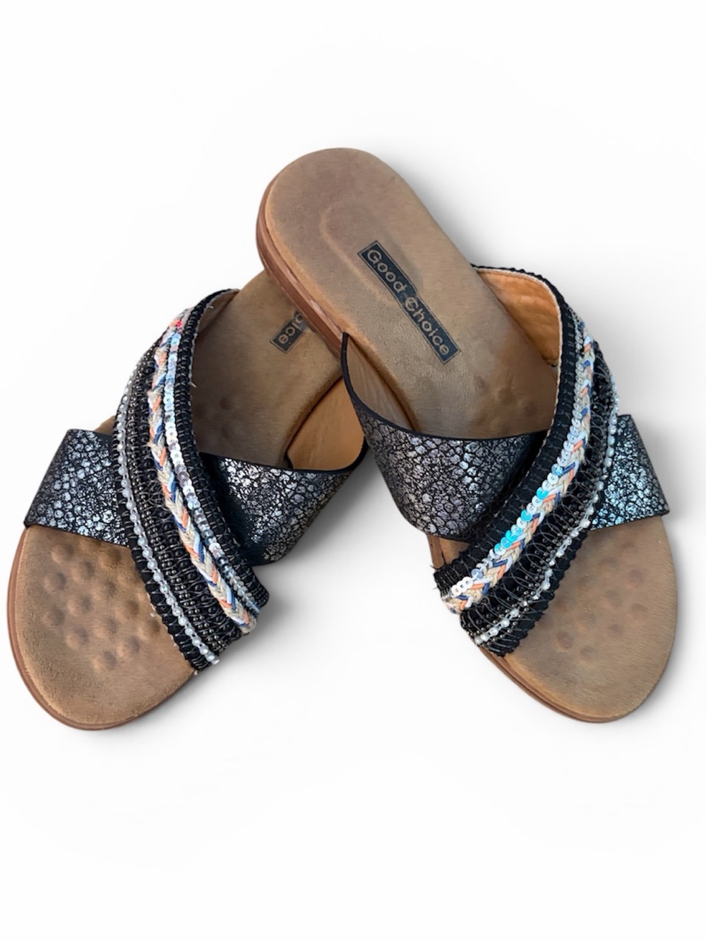 Good Choice Black Slide Sandals with Beaded Accent